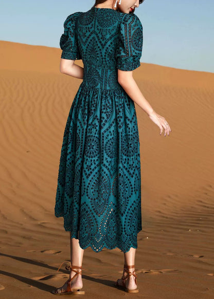 Green Out Blackish Hollow Cotton Summer Neck Dresses V Elegant FashionChic