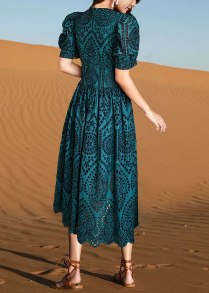 Green Out Blackish Hollow Cotton Summer Neck Dresses V Elegant FashionChic