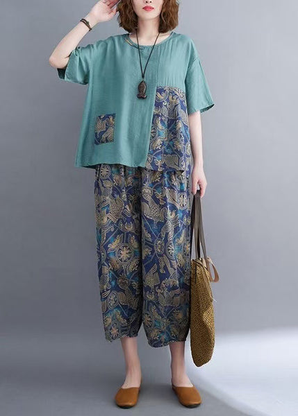 Set Summer Elegant Patchwork Two Blue Asymmetrical Pieces Cotton FashionChic