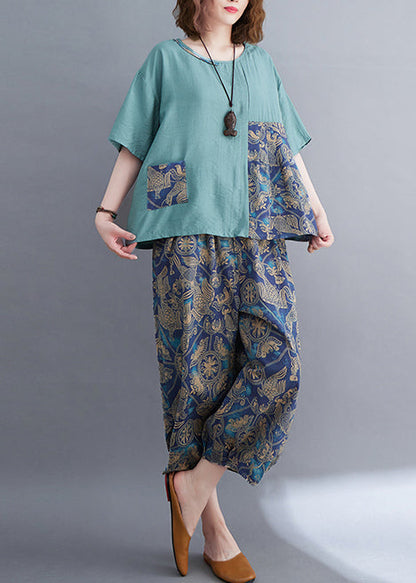 Set Summer Elegant Patchwork Two Blue Asymmetrical Pieces Cotton FashionChic