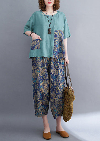 Set Summer Elegant Patchwork Two Blue Asymmetrical Pieces Cotton FashionChic