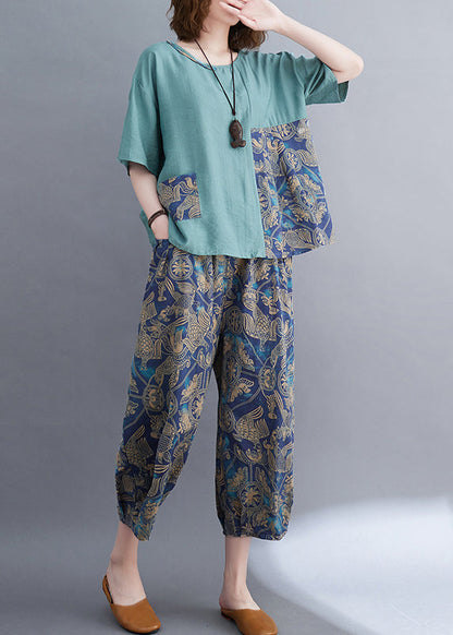 Set Summer Elegant Patchwork Two Blue Asymmetrical Pieces Cotton FashionChic