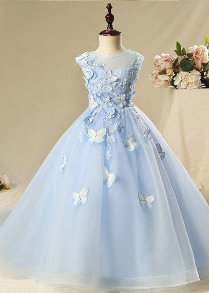 Elegant Blue Butterfly Floral Tulle Kids Long Dress Sleeveless YS008 ABC