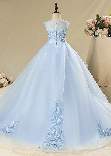 Elegant Blue Butterfly Floral Tulle Kids Long Dress Sleeveless YS008 ABC
