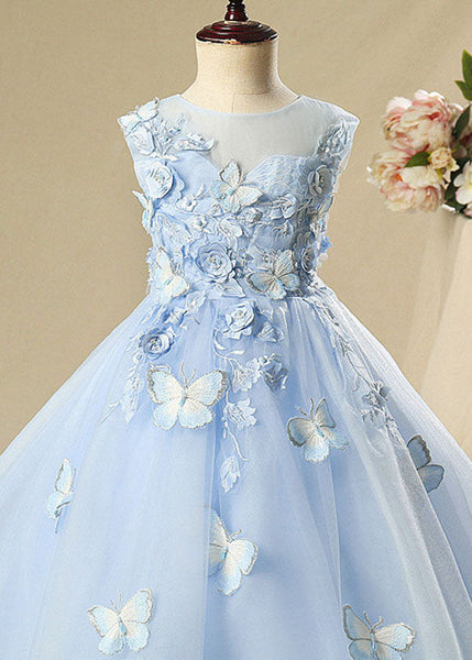 Elegant Blue Butterfly Floral Tulle Kids Long Dress Sleeveless YS008 ABC