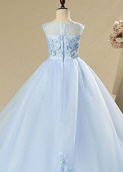 Elegant Blue Butterfly Floral Tulle Kids Long Dress Sleeveless YS008 ABC