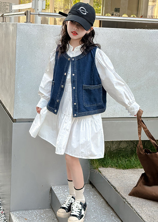 Elegant Blue Denim Waistcoat And White Dress Girls Sets 2 Pieces Fall XZ081 FALL-MM-RCTZ-TPGIEC240618