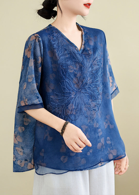 Elegant Blue Embroidered Floral T Shirts Summer AP023 GK-STP240718