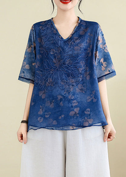 Elegant Blue Embroidered Floral T Shirts Summer AP023 GK-STP240718