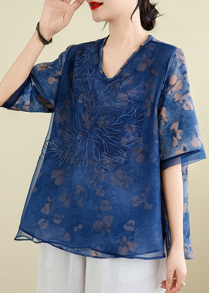 Elegant Blue Embroidered Floral T Shirts Summer AP023 GK-STP240718