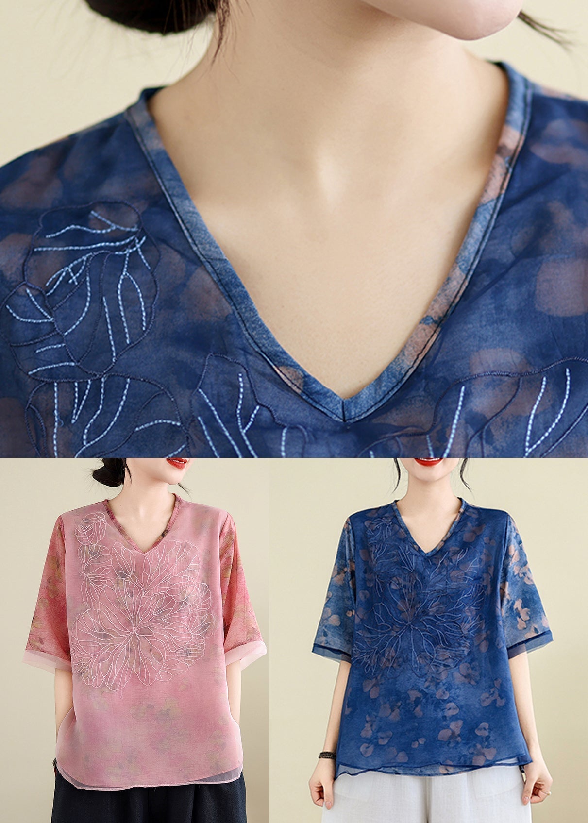 Elegant Blue Embroidered Floral T Shirts Summer AP023 GK-STP240718
