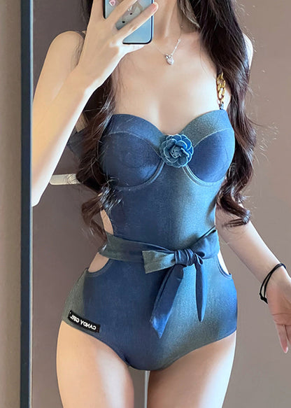 Solid Elegant Bodysuit Denim Bow Floral Blue FashionChic
