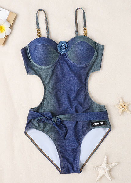 Solid Elegant Bodysuit Denim Bow Floral Blue FashionChic
