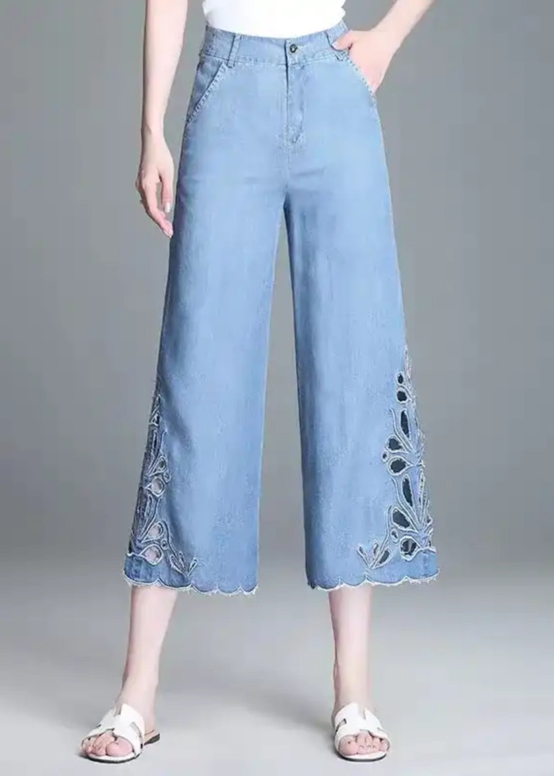 High Elegant Hollow Summer Crop Out Waist Blue Jeans FashionChic