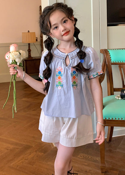 Elegant Blue O-Neck Cinched Girls Top And Shorts Two Pieces Set Short Sleeve SS1032 MM-RCTZ-TPGIEC240601