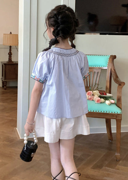 Elegant Blue O-Neck Cinched Girls Top And Shorts Two Pieces Set Short Sleeve SS1032 MM-RCTZ-TPGIEC240601