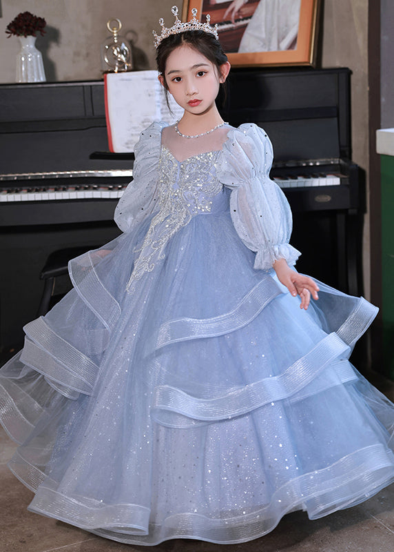 Elegant Blue O-Neck Embroideried Patchwork Tulle Kids Long Dress Fall RP045 ABC