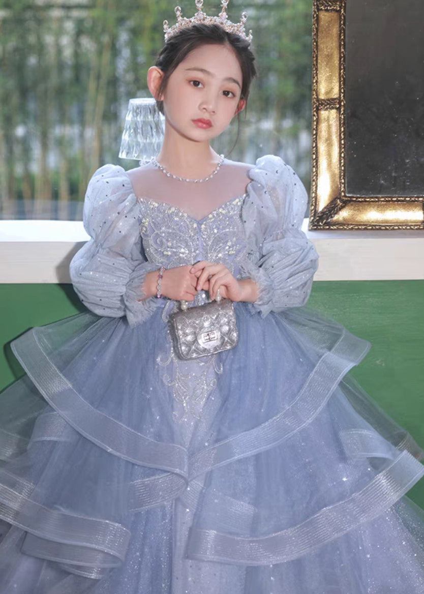 Elegant Blue O-Neck Embroideried Patchwork Tulle Kids Long Dress Fall RP045 ABC