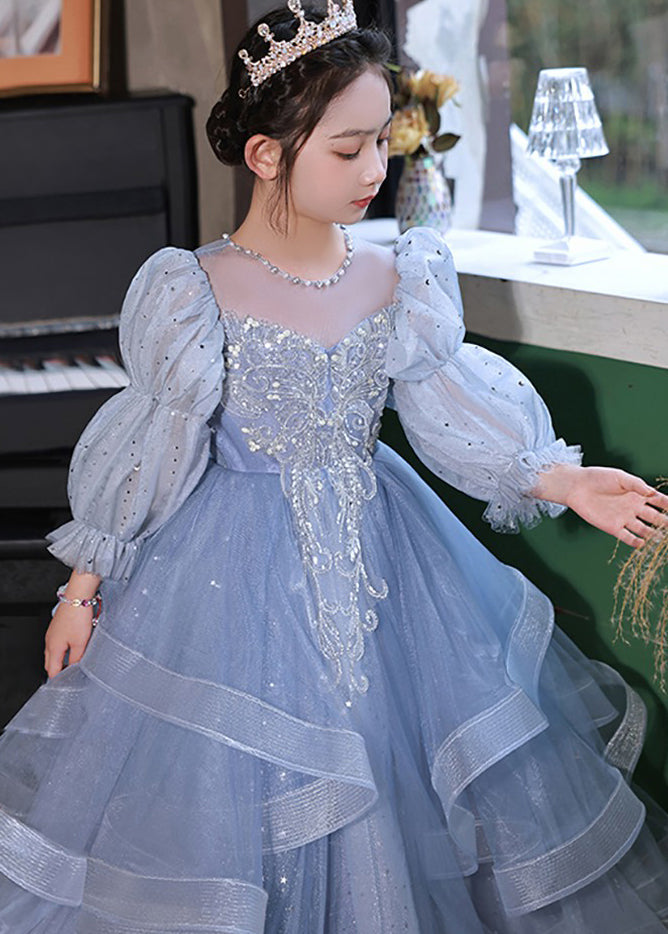 Elegant Blue O-Neck Embroideried Patchwork Tulle Kids Long Dress Fall RP045 ABC