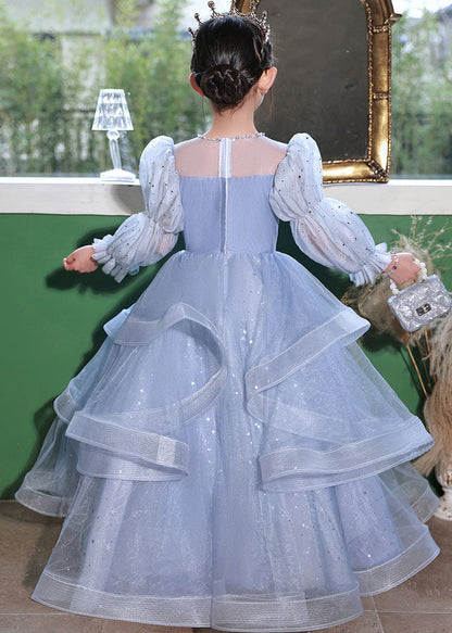 Elegant Blue O-Neck Embroideried Patchwork Tulle Kids Long Dress Fall RP045 ABC