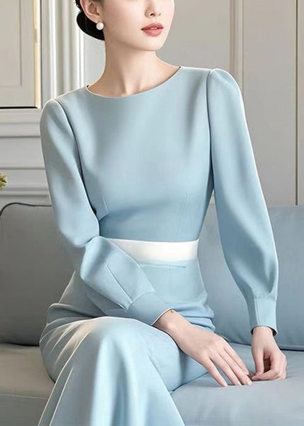 Dress Spring High Elegant Cotton O Blue Neck Waist Long FashionChic