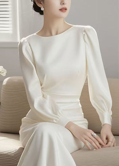 Dress Spring High Elegant Cotton O Blue Neck Waist Long FashionChic