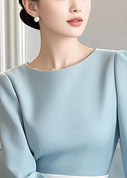 Dress Spring High Elegant Cotton O Blue Neck Waist Long FashionChic