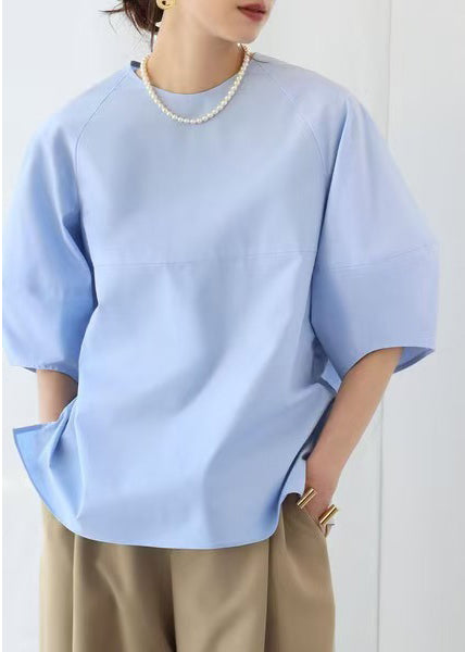 Sleeve Blue O-Neck Tops Cotton Puff Elegant FashionChic