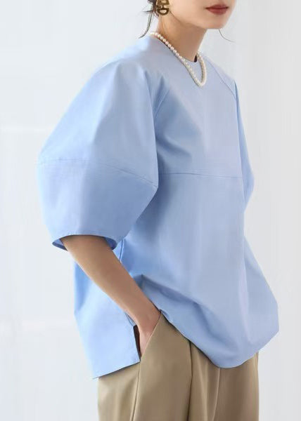 Sleeve Blue O-Neck Tops Cotton Puff Elegant FashionChic