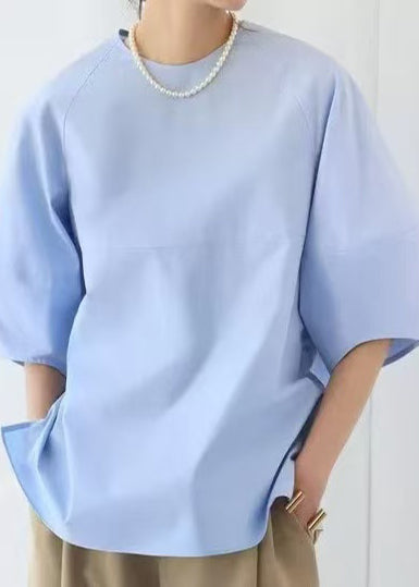 Sleeve Blue O-Neck Tops Cotton Puff Elegant FashionChic