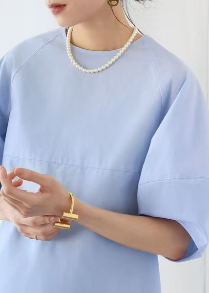 Sleeve Blue O-Neck Tops Cotton Puff Elegant FashionChic