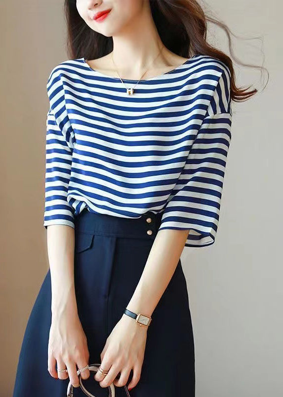 Elegant Blue O Neck Striped Silk Shirt Tops Summer BV066 MZF-STP240702