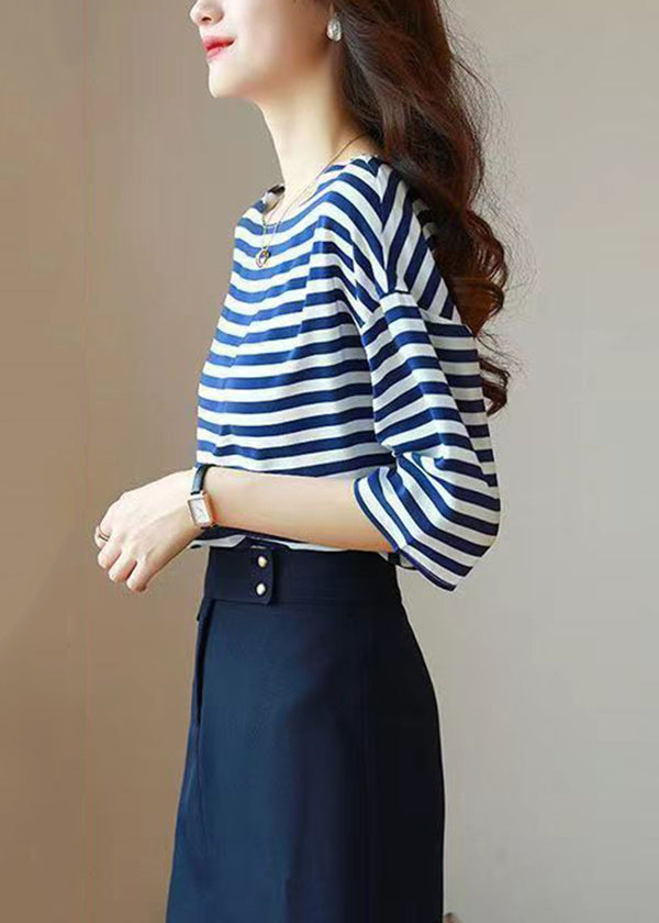 Elegant Blue O Neck Striped Silk Shirt Tops Summer BV066 MZF-STP240702