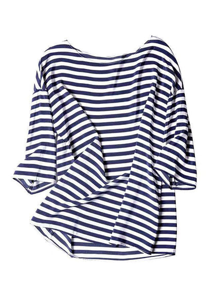 Elegant Blue O Neck Striped Silk Shirt Tops Summer BV066 MZF-STP240702