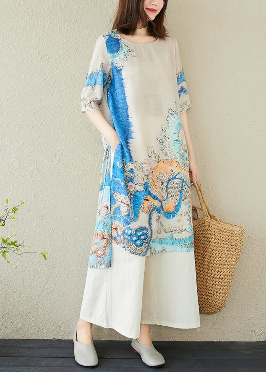 Linen Oversized Elegant Print Dresses Blue Summer FashionChic