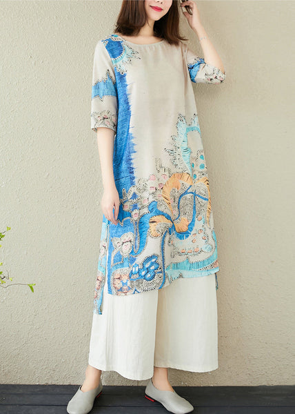 Linen Oversized Elegant Print Dresses Blue Summer FashionChic
