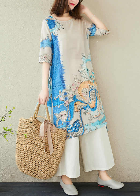 Linen Oversized Elegant Print Dresses Blue Summer FashionChic