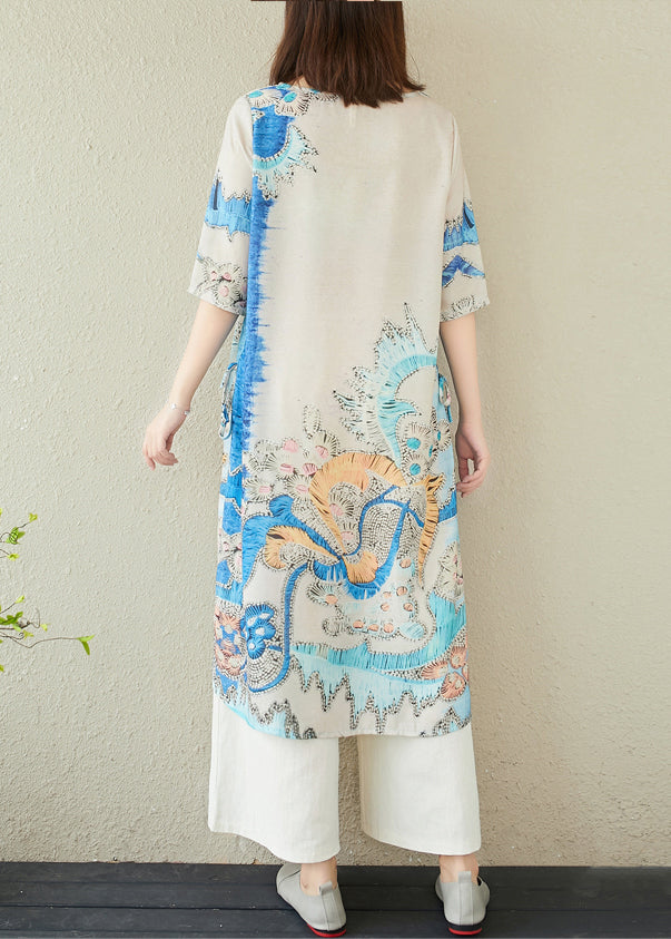 Summer Oversized Print Elegant Dresses Blue Linen FashionChic