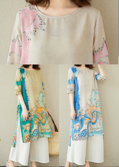 Summer Oversized Print Elegant Dresses Blue Linen FashionChic
