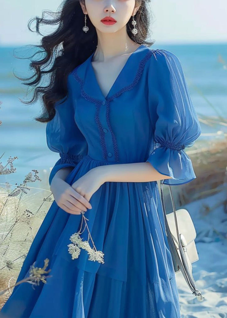 Elegant Blue Peter Pan Collar Button Chiffon Dress Flare Sleeve ZL022 SH-LF-SDL240621