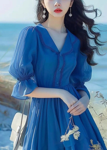 Elegant Blue Peter Pan Collar Button Chiffon Dress Flare Sleeve ZL022 SH-LF-SDL240621