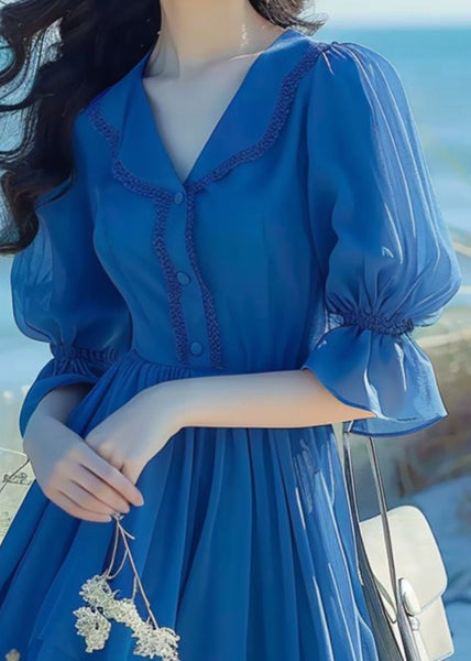 Elegant Blue Peter Pan Collar Button Chiffon Dress Flare Sleeve ZL022 SH-LF-SDL240621