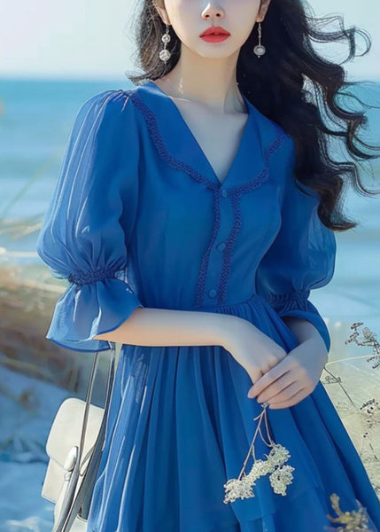 Elegant Blue Peter Pan Collar Button Chiffon Dress Flare Sleeve ZL022 SH-LF-SDL240621