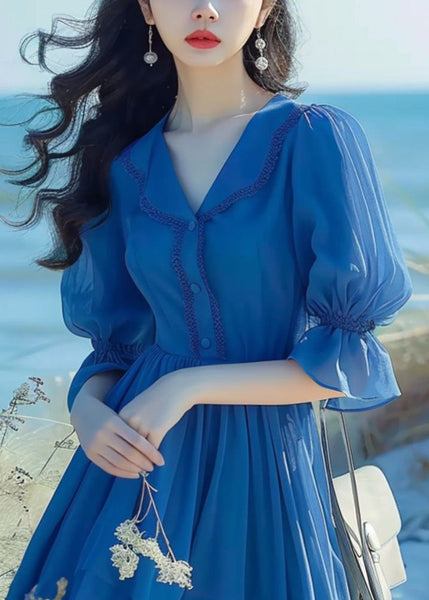 Elegant Blue Peter Pan Collar Button Chiffon Dress Flare Sleeve ZL022 SH-LF-SDL240621