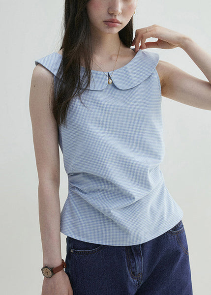 Plaid Sleeveless Collar Blue Pan Cotton Shirt Peter Elegant FashionChic