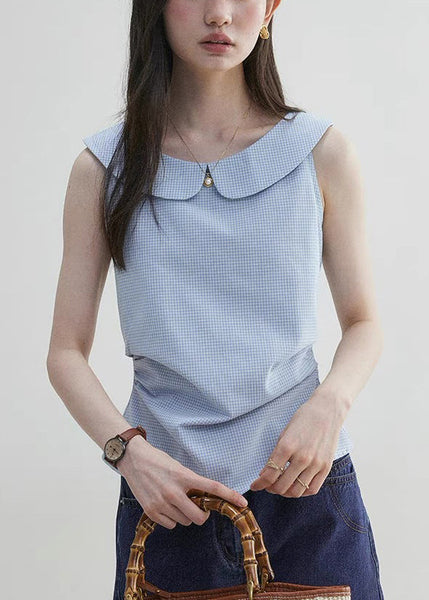 Plaid Sleeveless Collar Blue Pan Cotton Shirt Peter Elegant FashionChic