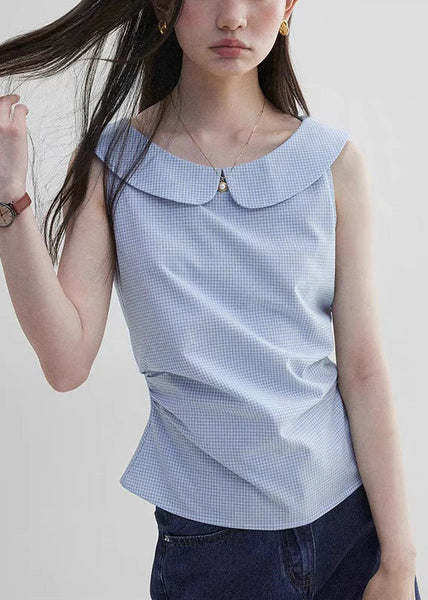 Plaid Sleeveless Collar Blue Pan Cotton Shirt Peter Elegant FashionChic