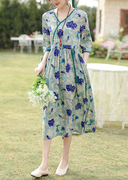 Elegant Blue Print Pockets Drawstring Cotton Dress Half Sleeve JH003 MMDM-SDL240717