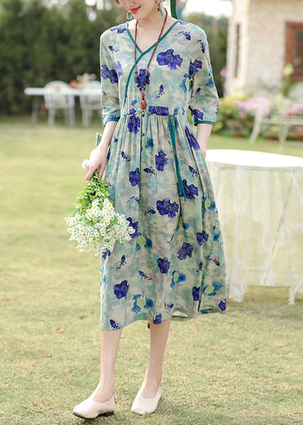 Elegant Blue Print Pockets Drawstring Cotton Dress Half Sleeve JH003 MMDM-SDL240717