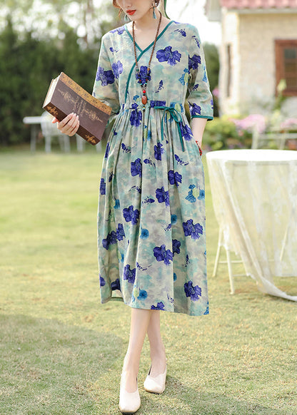 Elegant Blue Print Pockets Drawstring Cotton Dress Half Sleeve JH003 MMDM-SDL240717